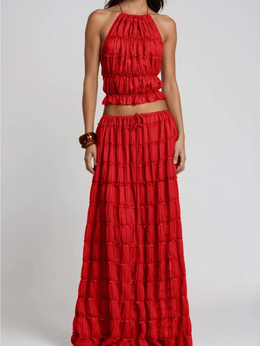 Sheer Red Maxi Skirt Set- Women's Boho Tiered Skirt